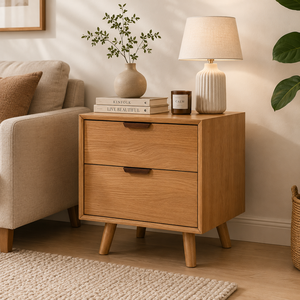 Mesita de Noche Nórdica de Roble Macizo con Dos Cajones, Mesita de Noche de Madera Contemporánea para Muebles de Dormitorio de Lujo - Product Image 5