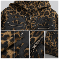 Veste streetwear à capuche personnalisée pour homme, avec applique léopard côtelée, en cuir végétalien, style Y2K, OEM ODM, vente en gros, logo personnalisé, vêtements d'extérieur pour homme