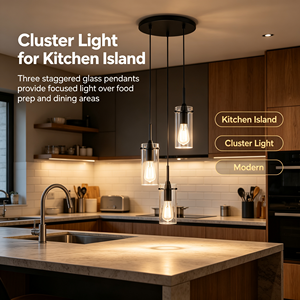 Lámpara Colgante Larga de 3 Luces con Pantalla de Cristal Transparente, Altura Ajustable, Regulable, Diseño de Cilindros Negros para <span class=keywords><strong>Cocina</strong></span> - Product Image 4