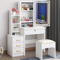 Coiffeuse de maquillage moderne blanche avec miroir LED, armoire latérale, tiroirs, étagères et tabouret, mobilier OEM