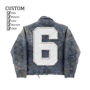 Veste en jean en coton tie-dye personnalisée pour hommes avec col à revers boutonnée à manches longues lavable - Product Image 5