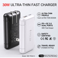 HNT OEM/ODM Nouveau chargeur mural ultra-fin PD 30W/18W à charge rapide avec ports USB-A+ Type-C, adaptateur d'alimentation portable pour iPhone 15/16