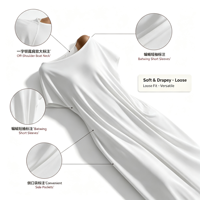 Robe longue ample VELAN personnalisée avec logo, blanche, épaules dénudées, manches chauve-souris courtes, grande taille, pour femme