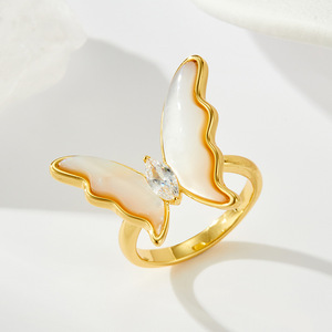 Butterfly Open <b>Ring</b> Natural Seashell Gold Plated Adjustable Index <b>Finger</b> Party Jewelry - Product Image 1