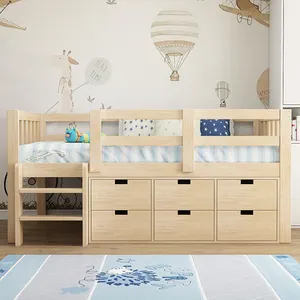 Space Saving Wood Child Bed Room Kids Furniture Wooden Loft Bunk Beds Kids Loft Bunk Beds With 6 Drawers Storage