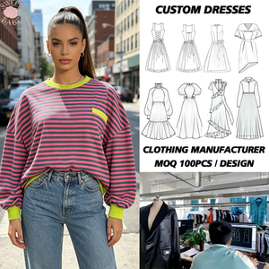 Haut à manches longues rayé rose et vert pour femme, col rond, poignets contrastants vert fluo, coupe ample style streetwear - Product Image 1