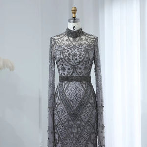 For SZ204 <b>Arabic</b> Muslim <b>Women's</b> Evening Party Floor-Length Organza Gowns with 3D Pattern Pleat & Feathers - Product Image 2