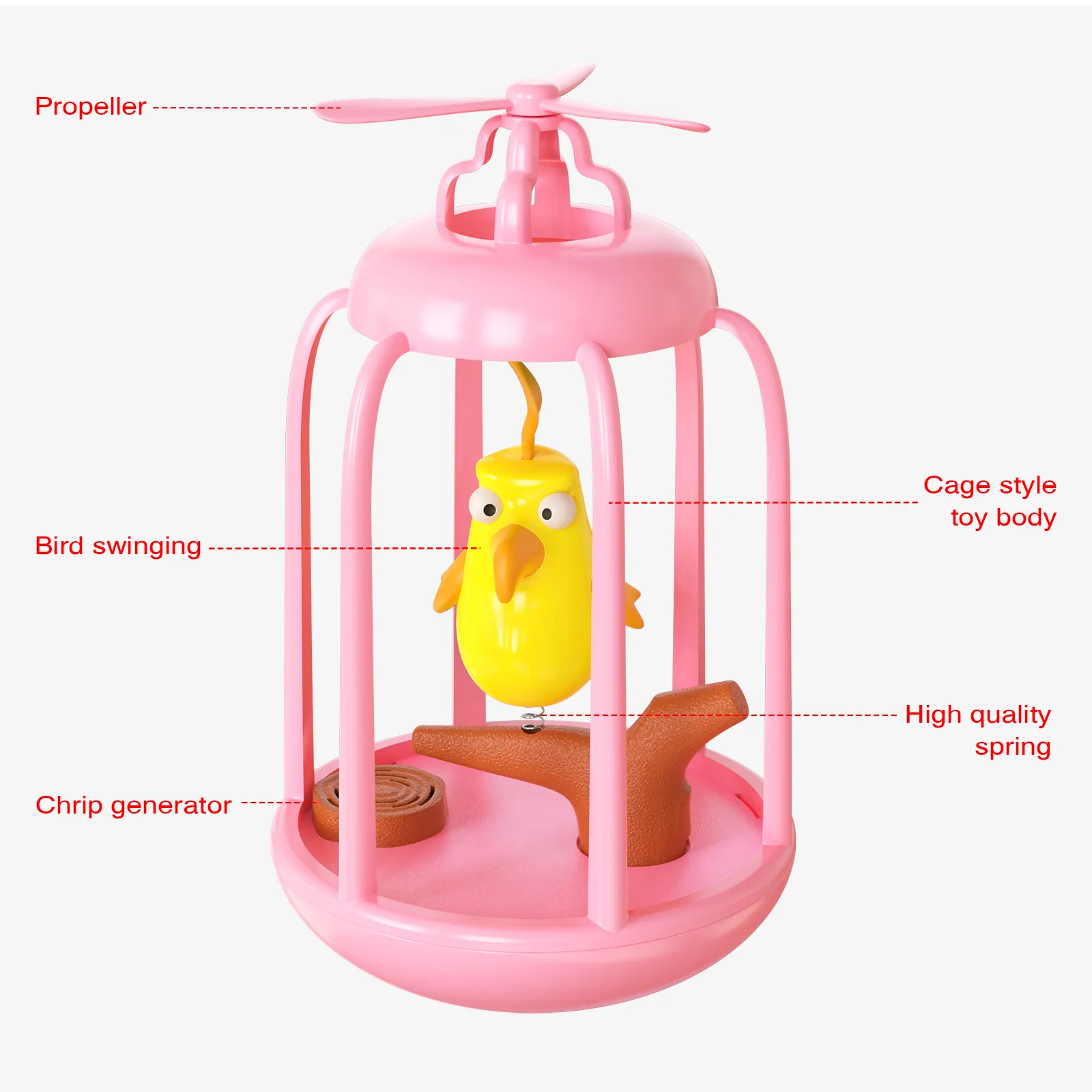 Wholesale Funny Interactive Cat Toy Plastic Bird Cage Squeaky Feature Spinning Windmill Kitten Stimulation Decorated Fur Animal