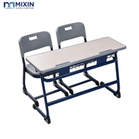 Bureau et chaise d'école à deux places, mobilier scolaire, tables avec plateau en bois, coins arrondis, base en forme de traîneau, patins antidérapants pour les grandes salles de classe