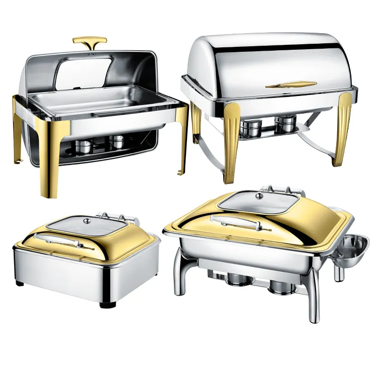 Hotel Buffet Stainless Steel Round Electric Gold Color Food Warmers Chafing Dishes For Sale