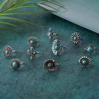 Femmes Vintage Plaqué Or 925 Sterling Silver Fashion Ring Set Turquoise Combinaison Bijoux Personnalisés-Vente en Gros