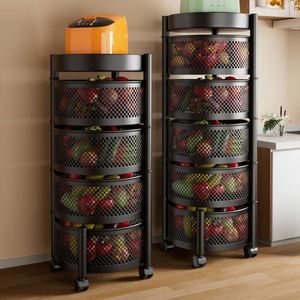 Direct From Manufacturer Rotating 3 4 5 Tier Practical Trolley <b>Kitchen</b> Round Wheels <b>Storage</b> Rack Waterproof Foldable Metal Black - Product Image 3