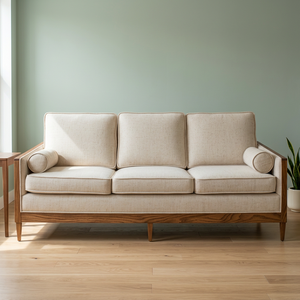 Elegant Teak Wood Mid Century Modern <b>Sofa</b> with Bolster Cushions for Living Room - Product Image 2
