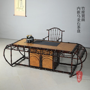 Bamboo Tea Table Set Lacquered Woven Chinese Style Oblong Restaurant Table With Chairs - Product Image 4