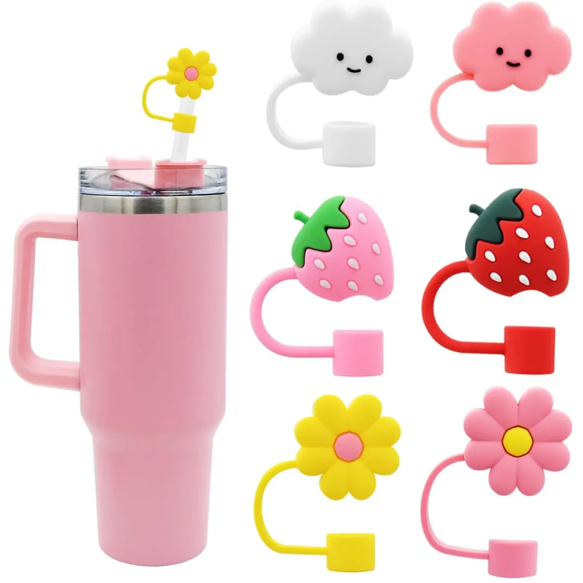 ที่กําหนดเองตัดการ์ตูนReusable 30Oz 40Oz Tumblerถ้วยอุปกรณ์เสริมซิลิโคนPVC 8 มม.10 มม.สีชมพูสาวดอกไม้DaisyฟางT Opper