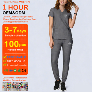 ชุดยูนิฟอร์มแพทย์แบบสองชิ้น คอวี แขนสั้น ขายส่ง OEM รับสกรีนโลโก้ คุณภาพสูง ชุดสครับสำหรับผู้หญิง - Product Image 1