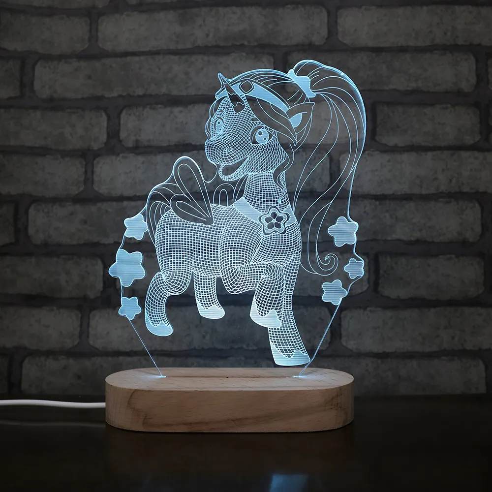 Lampu Dasar Kayu Led 3d dengan Desain Hewan Bentuk Unicorn Lucu untuk Hadiah Siswa