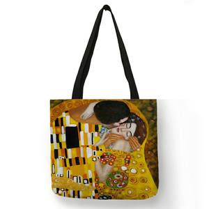 Sac à main en toile de lin avec peinture à l'huile pour femmes, fourre-tout personnalisé avec motif de larmes, sac de Shopping de grande capacité, Gustav Klimt - Product Image 4