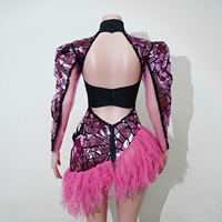 Robe mini en tulle rose réfléchissant à mosaïque miroir, manches bouffantes, style Drag Queen, sexy, pour performance de danse de salon sur scène, personnalisée en usine