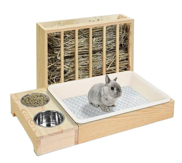 Alimentador de feno para coelho com caixa de areia, suporte de madeira para feno de coelho, cobaia, com vaso sanitário, suporte para feno de animais pequenos, comedor