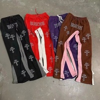 Celana Sweatpants Beludru Warna-warni Model Cross Flare Spliced, Pinggang Sedang, Gaya Y2K Urban, Celana Musim Dingin, Celana Sweatpants Flare Pria