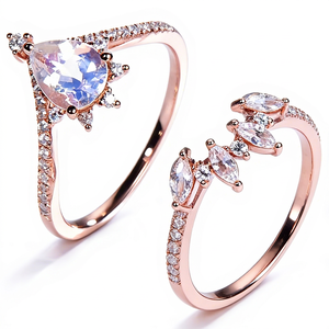 Rose Gold Plated Pear Cut <b>Crystal</b> Cocktail <b>Ring</b> Pave Setting Romantic Engagement Band Women's Jewelry - Product Image 1