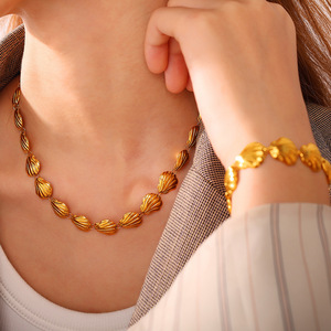 European American Retro Gold Seashell Necklace <b>Bracelet</b> <b>Set</b> Women's Party Fashion Jewelry Zinc Alloy Shell Pattern - Product Image 4