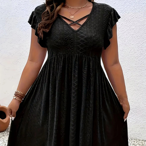 Robe décontractée en mousseline unie pour femme, longueur genou, coupe trapèze, avec dentelle, taille naturelle, idéale pour l'été - Product Image 1