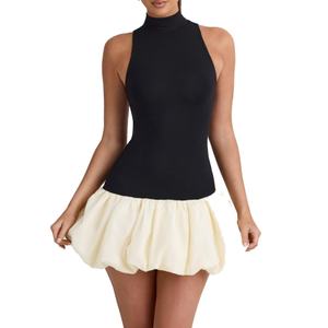 Nuevo Vestido Elegante sin Mangas con Cuello Alto y Dobladillo de Burbuja en Contraste, Vestido Mini Moderno para Fiesta para Mujer - Product Image 1