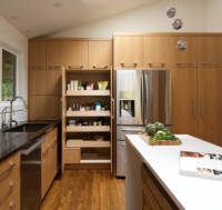 Meubles de cuisine modernes en bois avec panier coulissant pour garde-manger, unité de rangement, ensemble de meubles de cuisine modulaires en placage de bois avec îlot