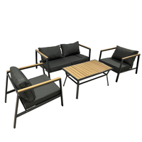 Ensemble de patio imperméable et durable en 4 pièces, cadre en acier, bois plastique, table basse, canapé de jardin, siège, salon, salle à manger, cour