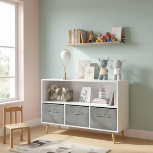 Librería infantil con cajones de tela gris, 2 estantes, armario infantil de estilo escandinavo para exhibir libros y guardar juguetes - Product Image 2