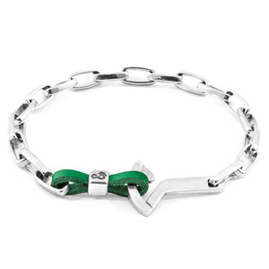 Pulsera de Cuero Plano y Plata con Ancla de Fragata Verde Fern - Product Image 1