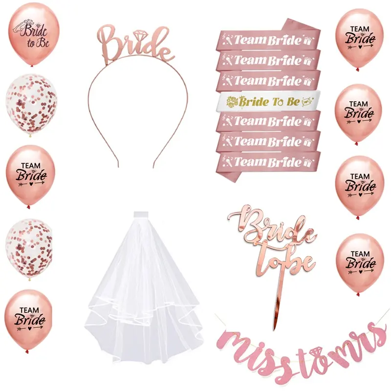 Conjunto de decoración de despedida de soltera de oro rosa despedida de soltera novia para ser equipo novia faja Aro para el pelo Banner velo en blanco