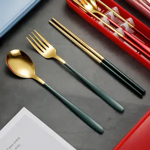 可重复使用的餐具不锈钢餐具套装便携式筷子勺子和叉子旅行野营餐具套装