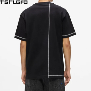 เสื้อยืดคัตเซว ซิกแซก คอนทราสต์สติทช์ สีดำ คอกลม สตรีทแวร์ Y2K ลำลอง ขายส่ง โรงงาน ผลิตจำนวนมาก ผ้าฝ้าย 100% เป็นมิตรกับสิ่งแวดล้อม - Product Image 2