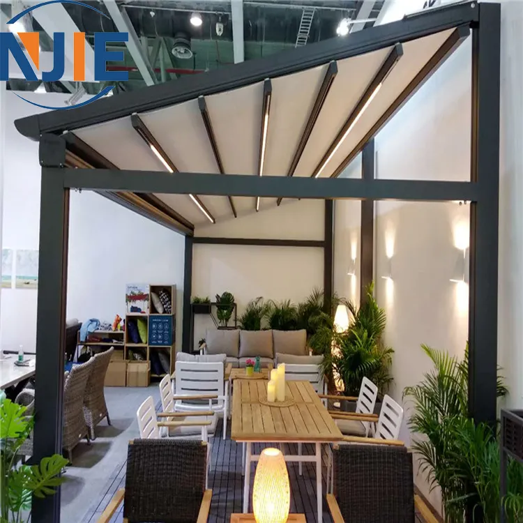 Factory price outdoor waterproof sunshade aluminum retractable motorized pergola with 850g PVC fabric cover and motor