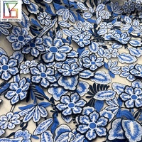 Tissu de mariée pour robe de mariée, tissu en tulle brodé de fleurs 3D multicolores bleu marine, élégant et de qualité supérieure