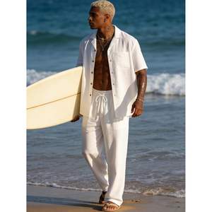 Conjunto de Playa de 2 Piezas para Hombre, Camisa Blanca de Manga Corta de Algodón y Pantalones Holgados, Estilo Casual de Verano - Product Image 3
