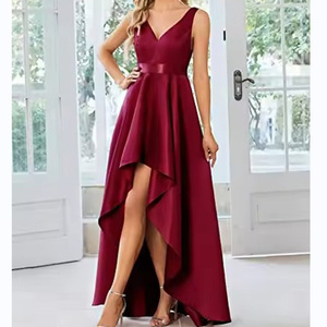 2023 Women's Red Retro Women v Neck Empire Waist Party Evening <strong>Dress</strong> Sleeveless a Line Hemline <strong>Floaty</strong> Train Evening <strong>Dress</strong> - Product Image 2