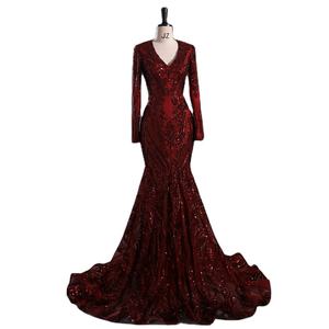 Tedarikçiler siyah kızlar seksi ince kalça bordo resmi balo elbisesi zeytin yeşil uzun kollu kırmızı kuyruk abiye - Product Image 4