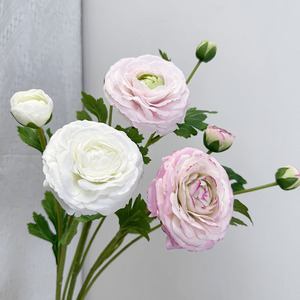 Fiori Artificiali <span class=keywords><strong>Ranuncolo</strong></span> Real Touch 46CM a 3 Teste, Bianchi e Rosa in Lattice, per Decorazioni Casa e Matrimoni - Product Image 3