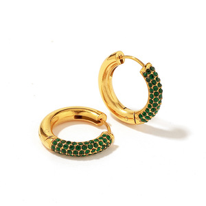 Hoop <b>Earrings</b> Gold Plated <b>Green</b> Diamond Channel Setting Stainless Steel Party Jewelry - Product Image 5