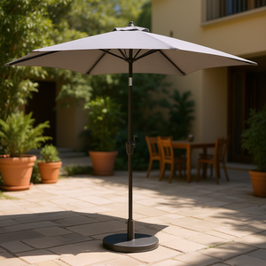 ร่มสนามอลูมิเนียมสีเทาขนาด 9 ฟุต พร้อมระบบยกด้วยมือและปรับเอียงได้ สำหรับใช้กันแดดกลางแจ้งในสวน - Product Image 2