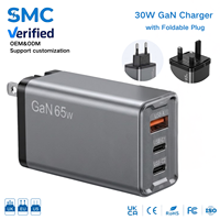 Pengisi Daya Cepat USB C GaN 65W 3-Port 2C1A PD Adaptor Dinding Pengalokasi Daya Cerdas Blok Pengisian Daya Perjalanan untuk iPhone Samsung Laptop