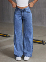 Jean décontracté taille haute à jambe large en denim bleu foncé, élégant et personnalisé, pour femme, grande taille, de haute qualité et écologique, avec fermeture éclair