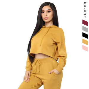 Survêtement à capuche pour femme, ensemble deux pièces, haut court, vêtements <span class=keywords><strong>de</strong></span> sport, essentiels, vente en gros, 2020 - Product Image 6