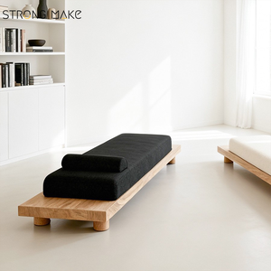 Banco largo <span class=keywords><strong>de</strong></span> <span class=keywords><strong>madera</strong></span> estilo nórdico moderno <span class=keywords><strong>para</strong></span> sala <span class=keywords><strong>de</strong></span> estar, dormitorio, <span class=keywords><strong>para</strong></span> cambiar zapatos, con tapizado boucle, estilo Wabi Sabi - Product Image 4