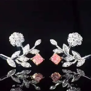 newest beautiful delicate flower design gemstone jewelry 18k gold 0.14/0.127ct pink diamond stud earring for women