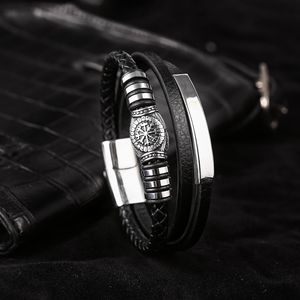 Pulsera de Cuero con Brújula Vikinga para Hombre |   Cierre Magnético de Acero Inoxidable |   Pulsera de Cuero Trenzado y Plano de Varias Capas - Product Image 2